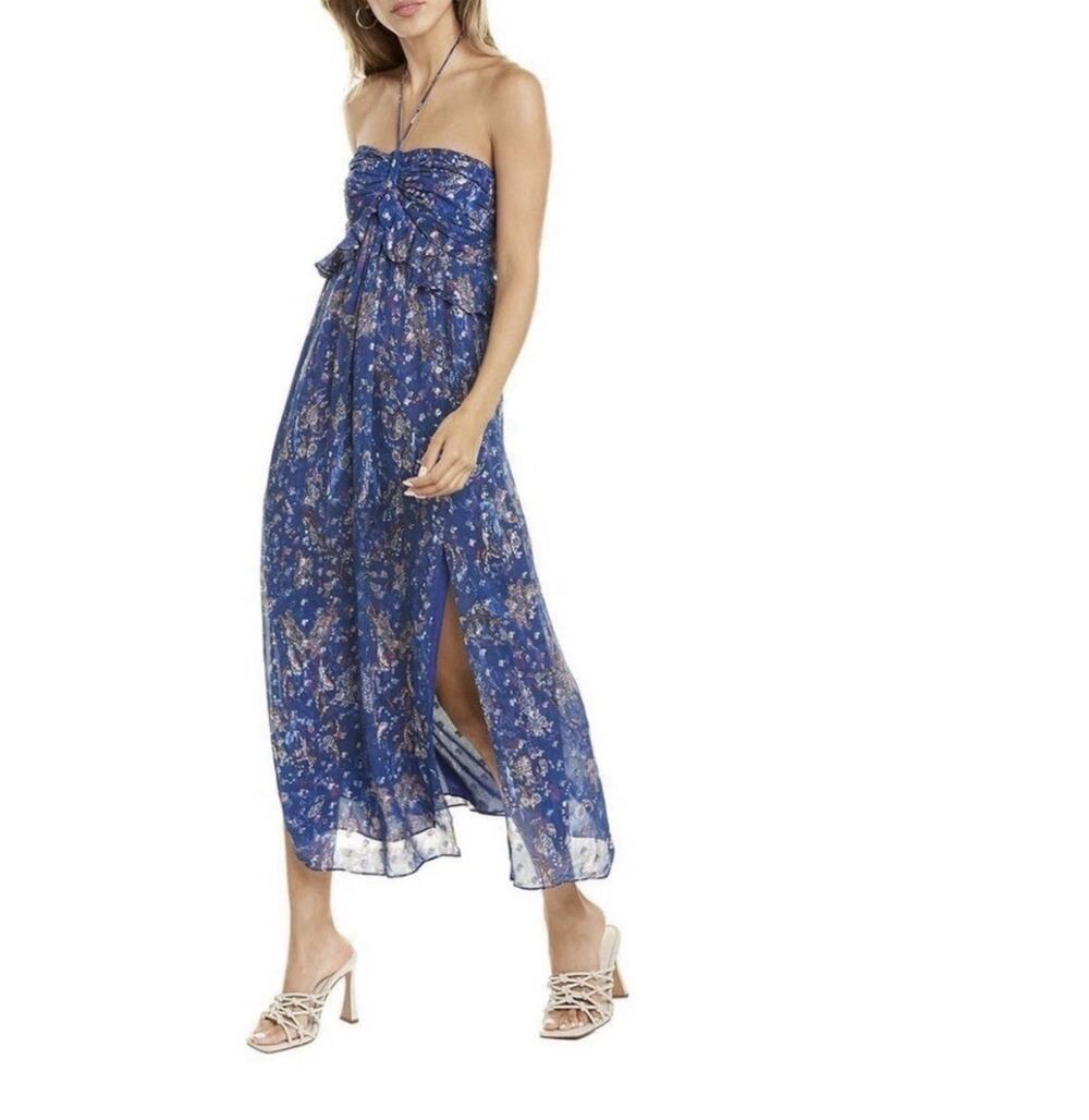 IRO Somov Paisley Halter Midi Dress 42 Blue Sparkle Resort Wedding Vacay Chic M